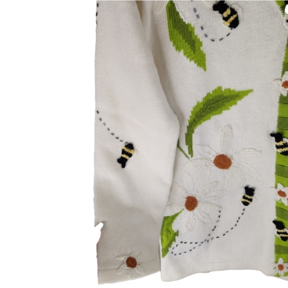 Storybook Knits Vintage Bee Daisy Garden Flower Knit Sweater Cardigan Small - Picture 5 of 8